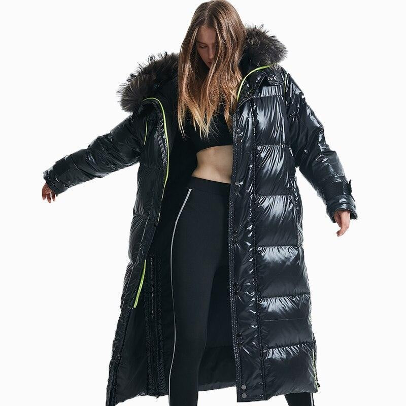 Luxury Glossy Long Puffer Coat With Faux Fur Hood