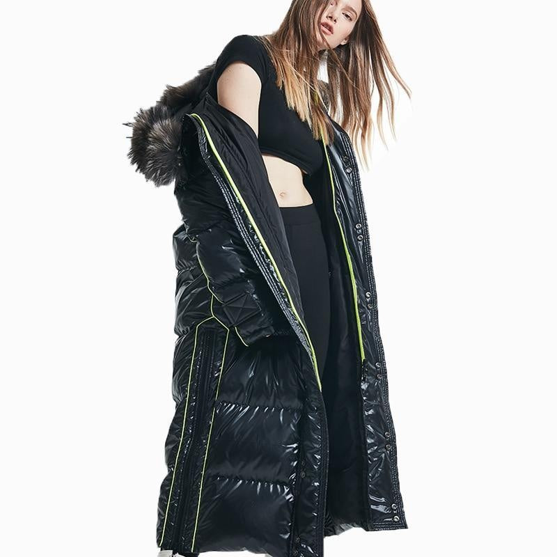 Luxury Glossy Long Puffer Coat With Faux Fur Hood