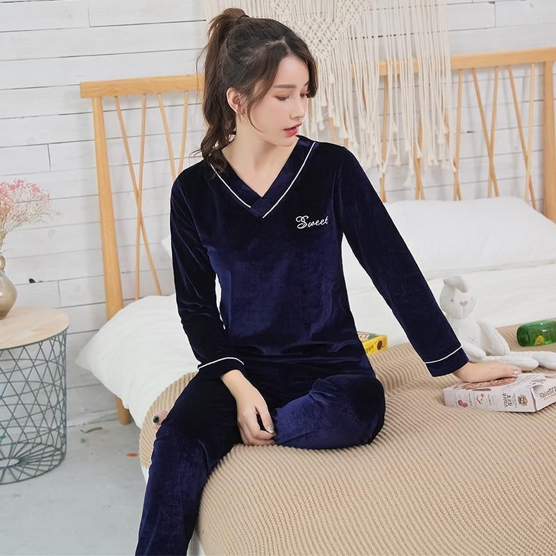 Velvet V-neck Pj Set with embroidered word on the top