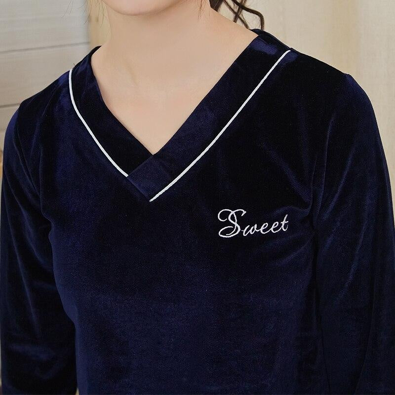 Velvet V-neck Pj Set with embroidered word on the top