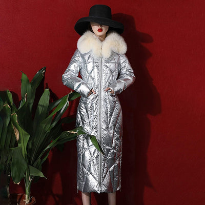 Metallic Shiny Duck Down Coat With Faux Fur Turn Down Collar