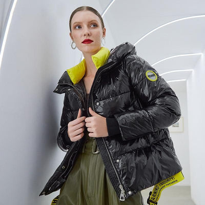 Hooded Shiny Puffer Coat - Short Coat With Waist Clip