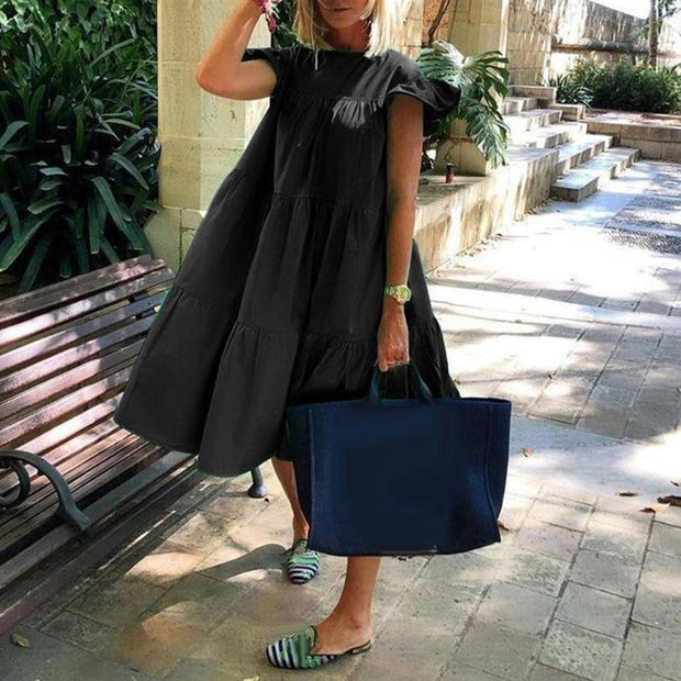 Short Sleeve Tiered Midi Ruffle Dress - MomyMall BLACK / S
