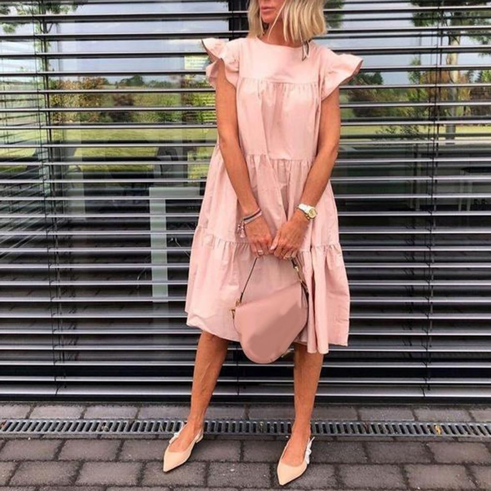 Short Sleeve Tiered Midi Ruffle Dress - MomyMall PINK / S