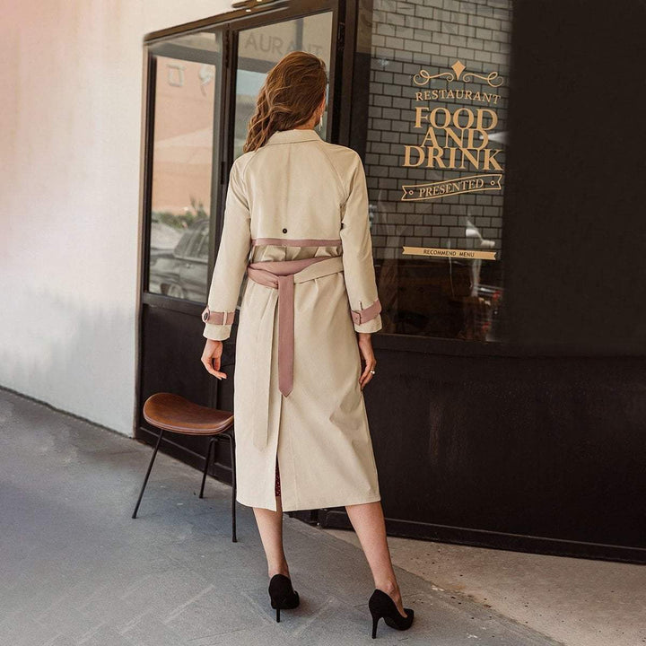 Long Double Breasted Trench Coat With Contrast Belt