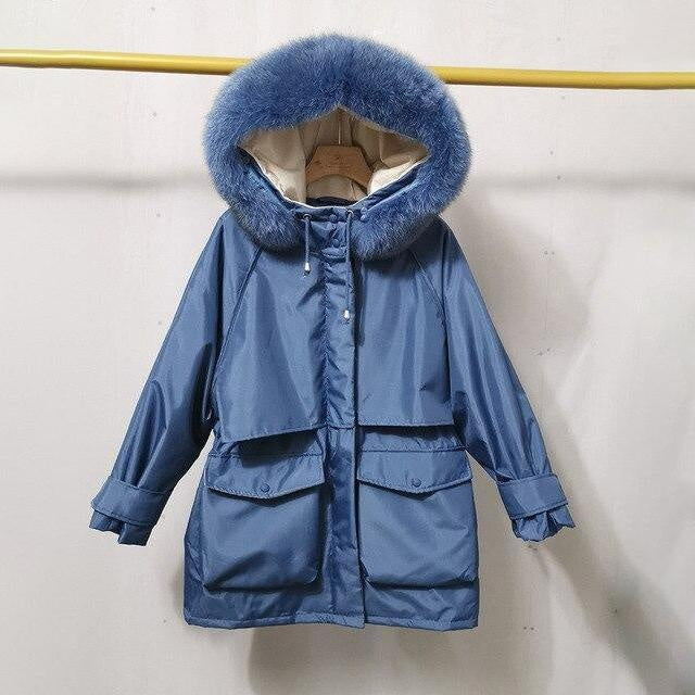 Duck Down Coat With Faux Fur Hood & Large Pockets