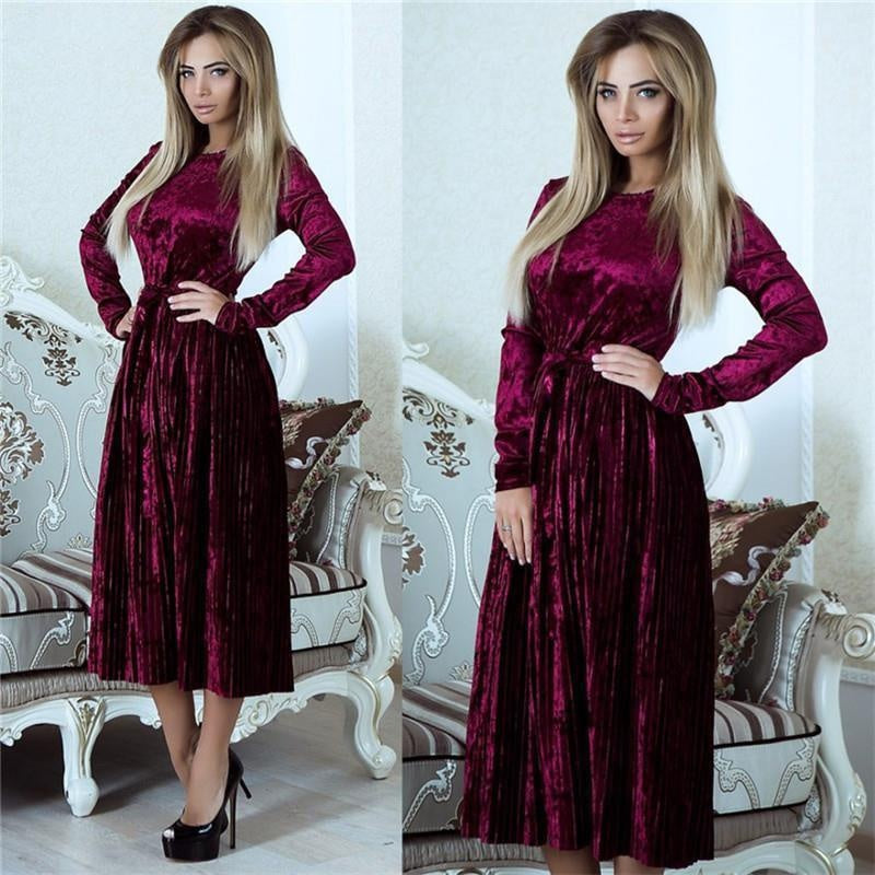 Long Sleeve Velvet Smock Dress - Velvet Midi Dress - MomyMall RED / S