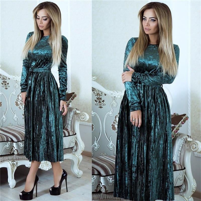 Long Sleeve Velvet Smock Dress - Velvet Midi Dress - MomyMall