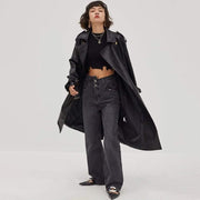Croc Effect Double Breasted Faux Leather Trench Coat