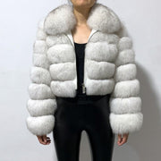 Short Style Zip Up Faux Fur Crop Coat With Collar