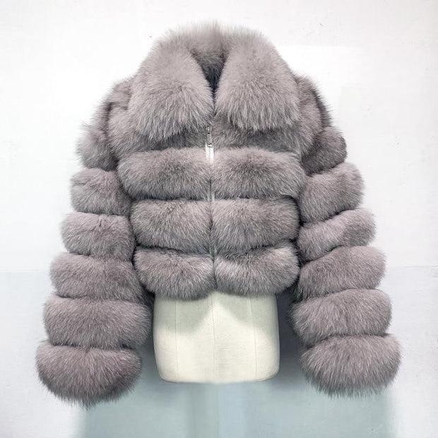 Short Style Zip Up Faux Fur Crop Coat With Collar