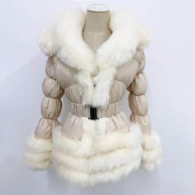 Faux Fur Trim Down Winter Down Coat With Hood and Belt