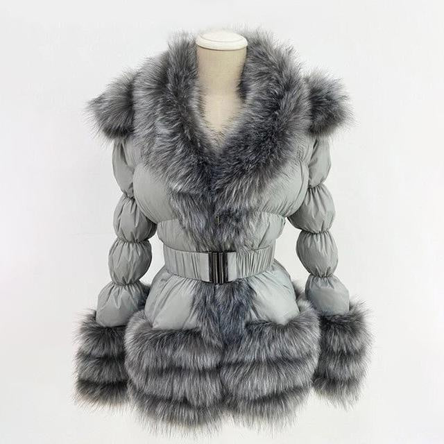 Faux Fur Trim Down Winter Down Coat With Hood and Belt