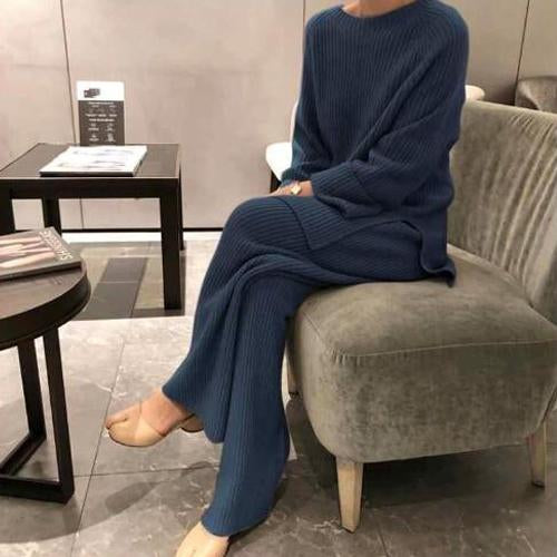 Two Piece Wide Leg Trouser Set - Loungewear Rib Knit Co-ord Set - MomyMall BLUE / S