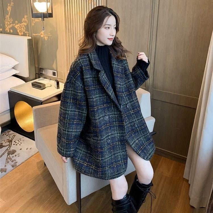 Vintage Plaid Wool Loose Coat