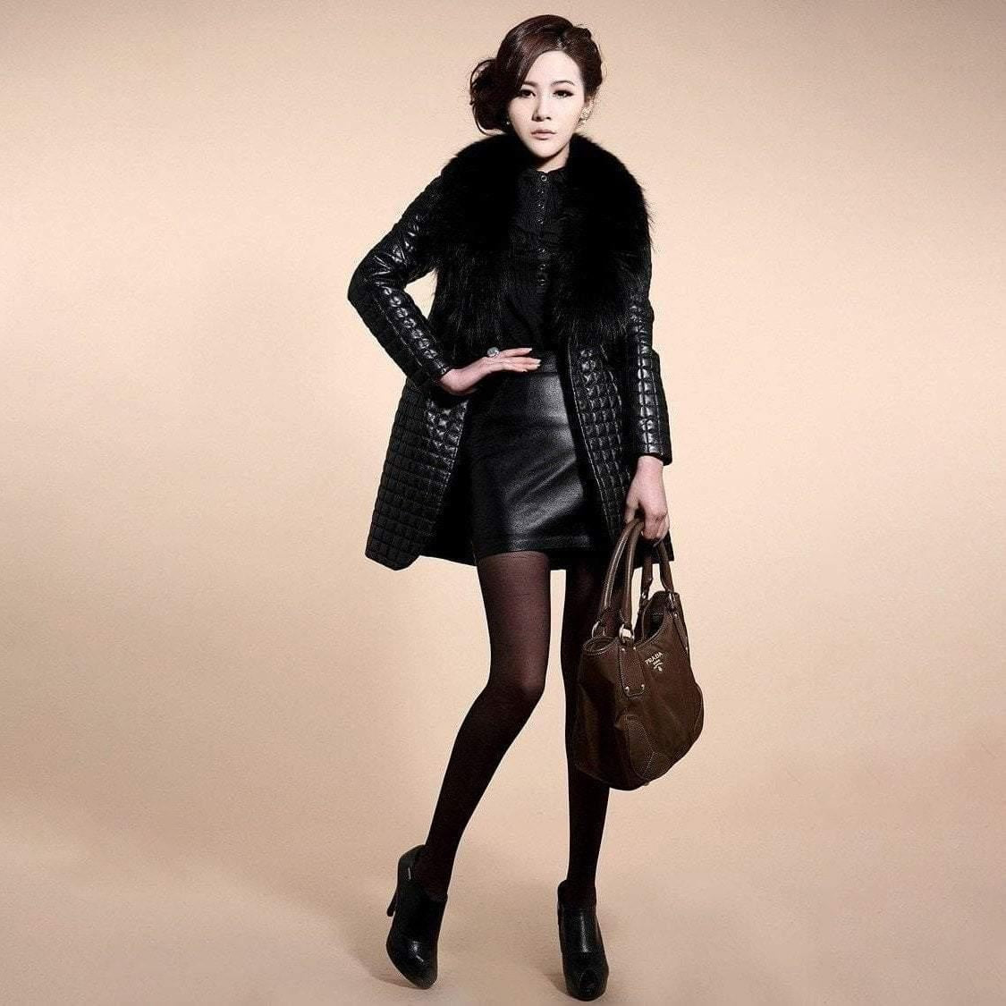 Mid Thigh Faux Leather Jacket With Large Faux Fur Collar