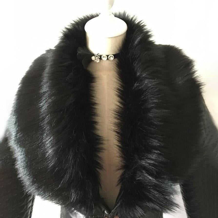 Mid Thigh Faux Leather Jacket With Large Faux Fur Collar