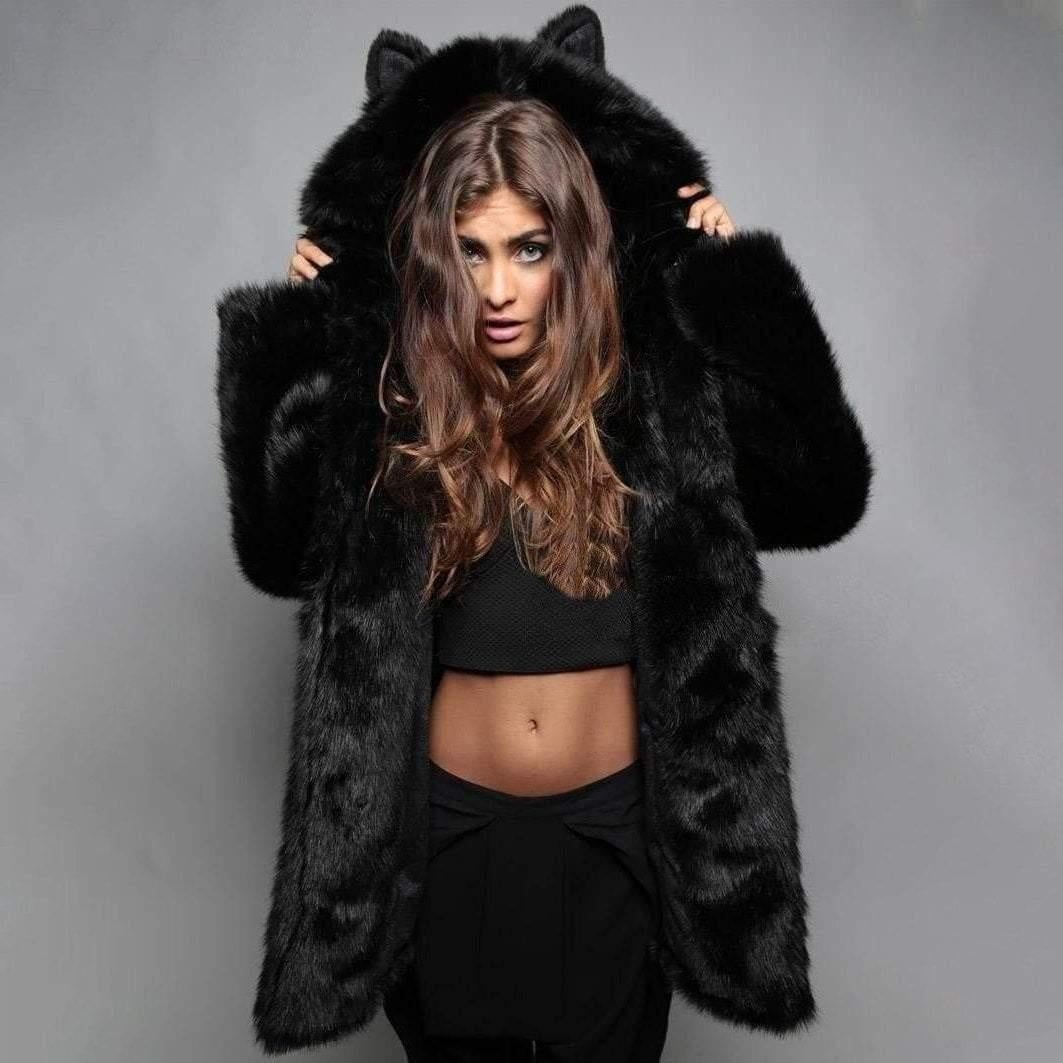 Faux Fur Hooded Coat With Animal Ears