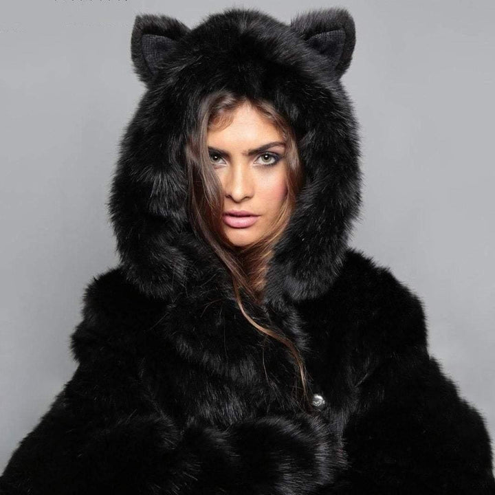 Faux Fur Hooded Coat With Animal Ears