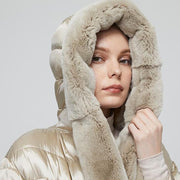 Knee Length Padded Parka Coat With Faux Fur Hood
