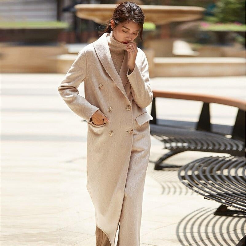 Long Double Breasted Wool Coat with Belt