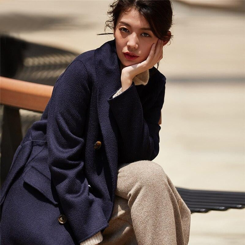 Long Double Breasted Wool Coat with Belt