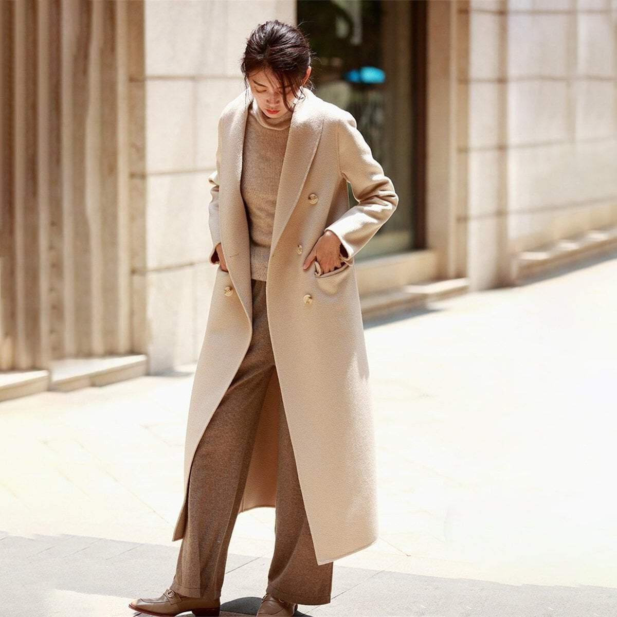 Long Double Breasted Wool Coat with Belt