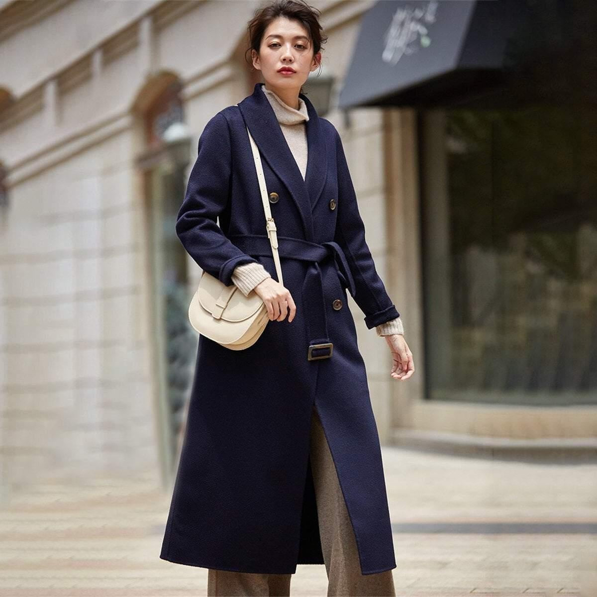 Long Double Breasted Wool Coat with Belt