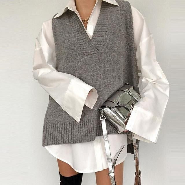 Sleeveless V-Neck Knit Sweater Dress - MomyMall GREY / S