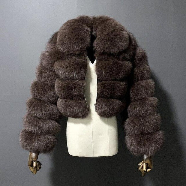 Short Style Zip Up Faux Fur Crop Coat With Collar