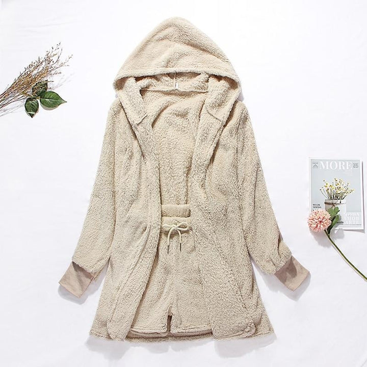 Teddy Faux Fur Short Hooded Robe and Shorts Set - MomyMall BEIGE / S