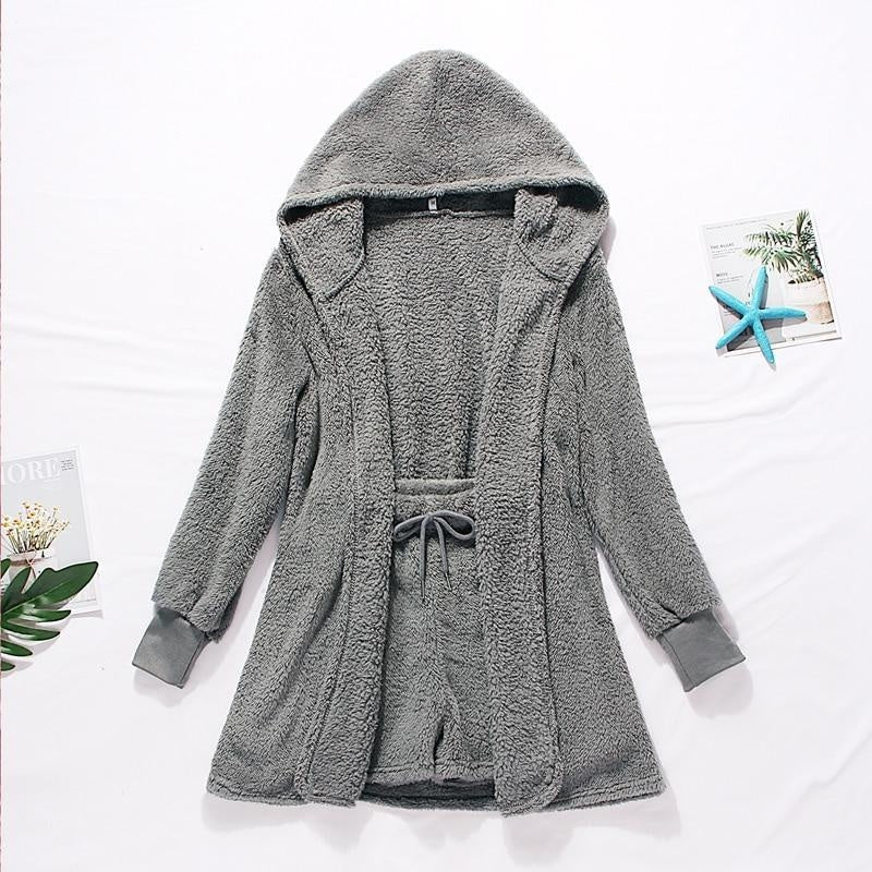 Teddy Faux Fur Short Hooded Robe and Shorts Set - MomyMall GREY / S