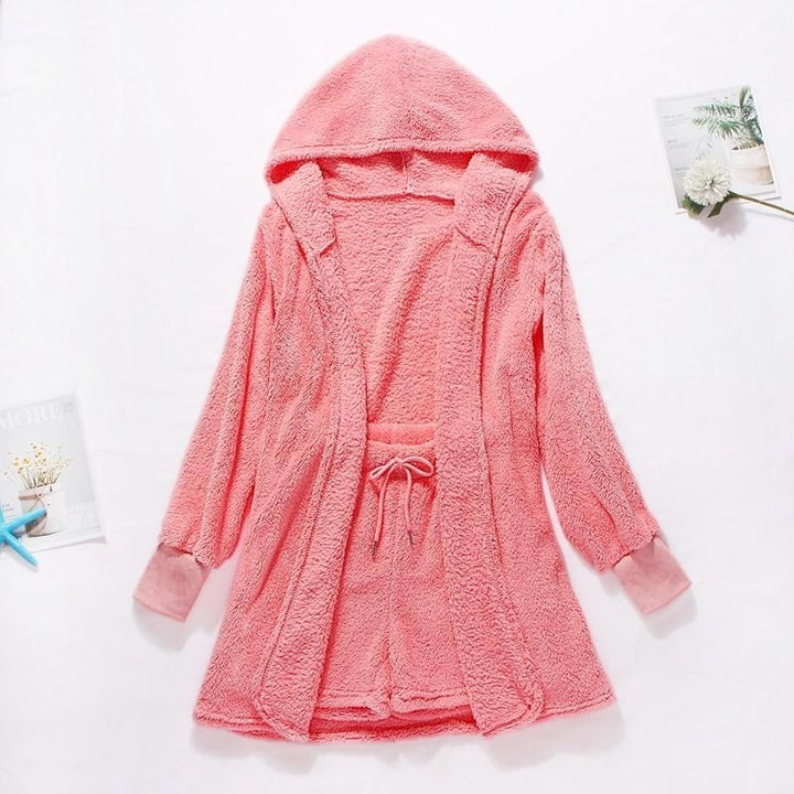 Teddy Faux Fur Short Hooded Robe and Shorts Set - MomyMall PINK / S