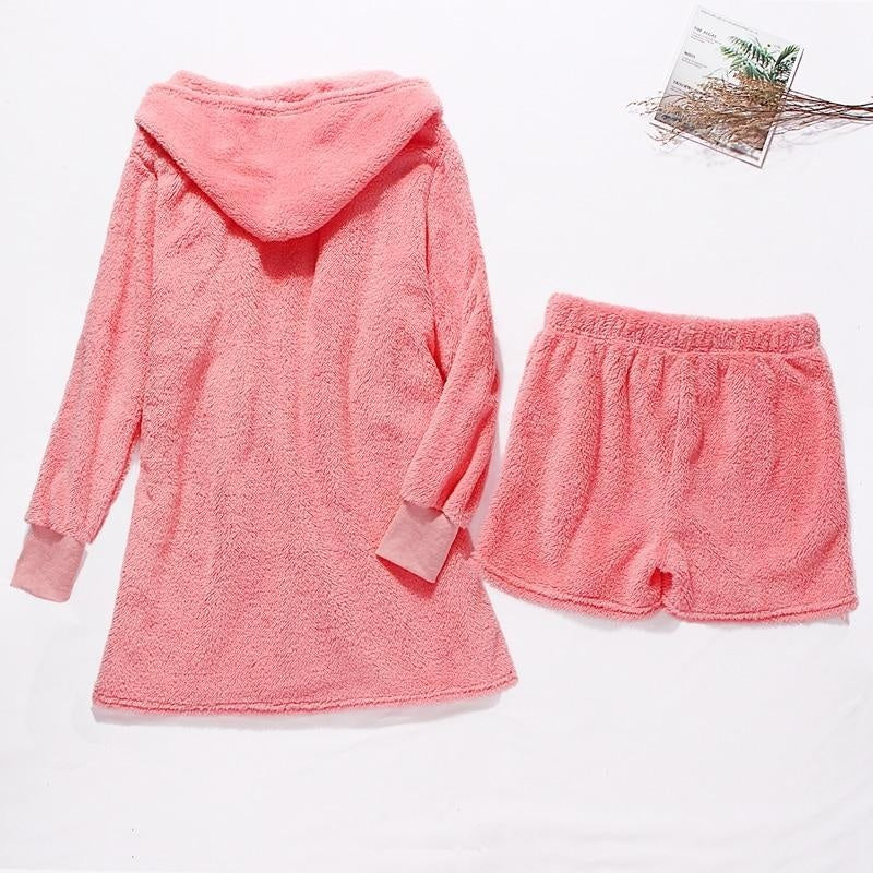 Teddy Faux Fur Short Hooded Robe and Shorts Set - MomyMall