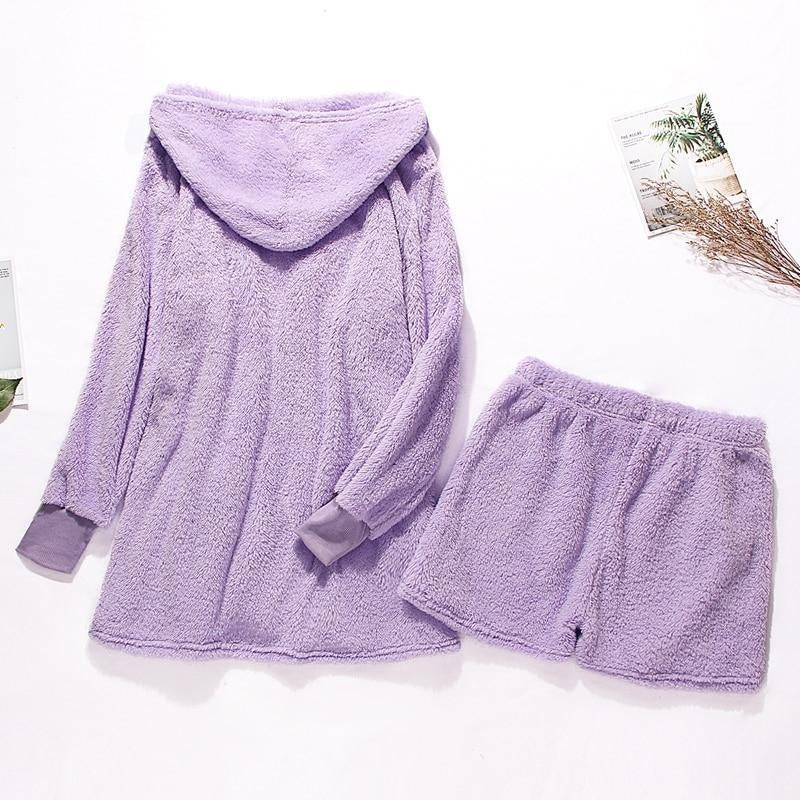 Teddy Faux Fur Short Hooded Robe and Shorts Set - MomyMall