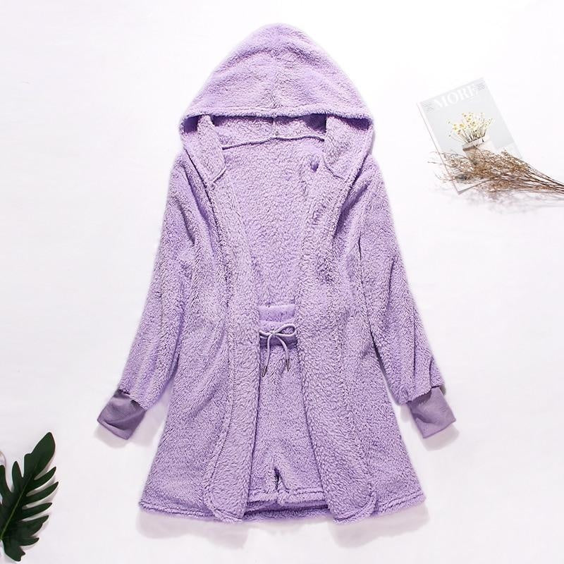 Teddy Faux Fur Short Hooded Robe and Shorts Set - MomyMall PURPLE / S