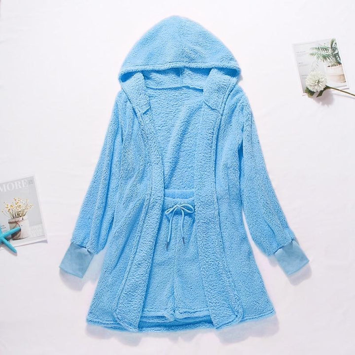 Teddy Faux Fur Short Hooded Robe and Shorts Set - MomyMall BLUE / S
