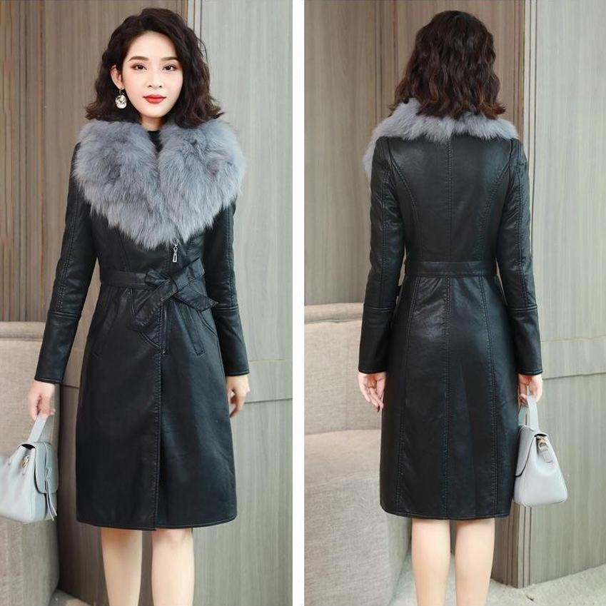 Long Faux Leather Coat with Faux Fur Collar and Suede Lining