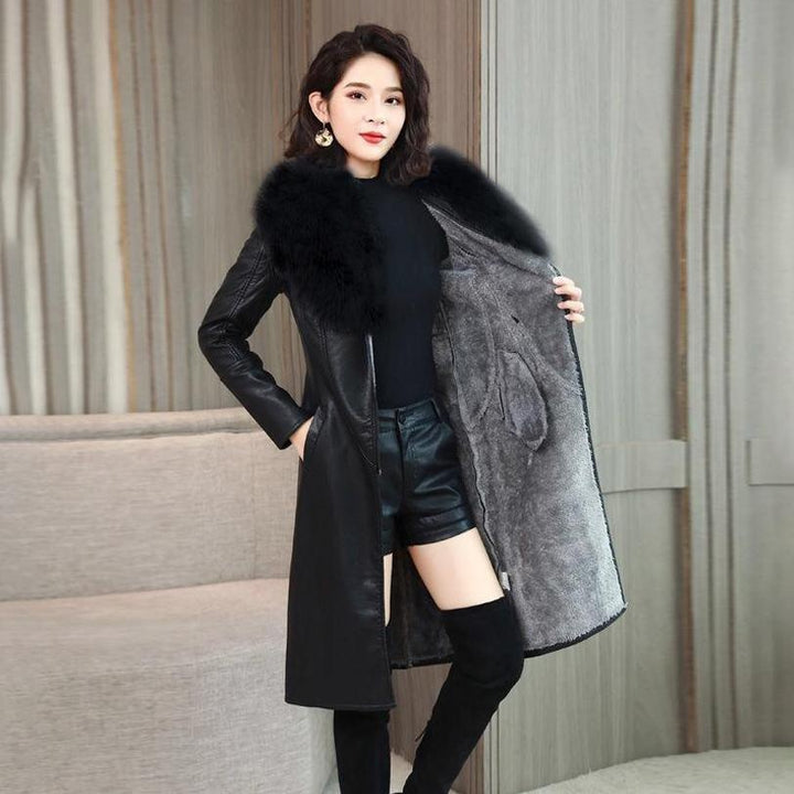 Long Faux Leather Coat with Faux Fur Collar and Suede Lining