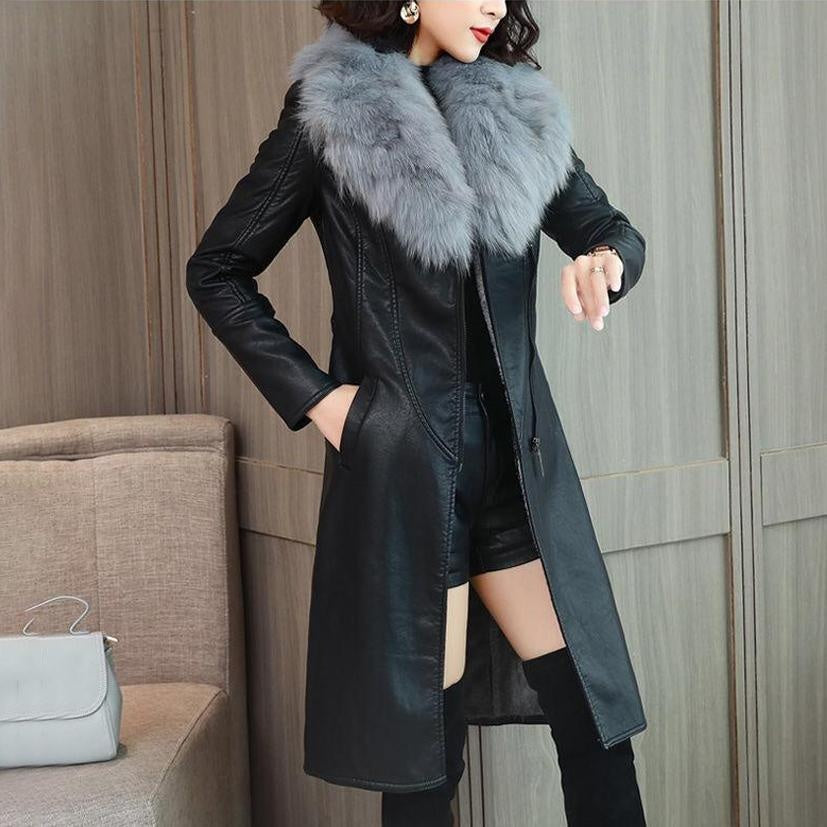 Long Faux Leather Coat with Faux Fur Collar and Suede Lining