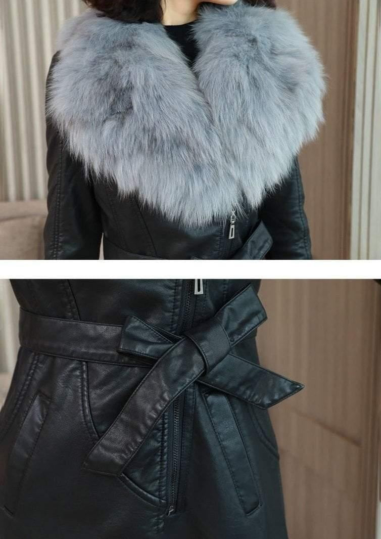 Long Faux Leather Coat with Faux Fur Collar and Suede Lining