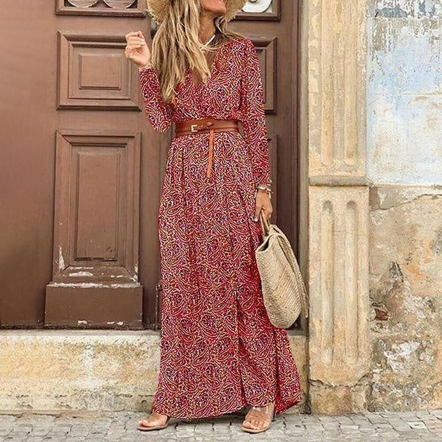 Paisley Print Long Sleeve Maxi Wrap Dress - MomyMall RED / S