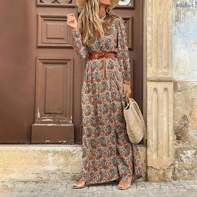 Paisley Print Long Sleeve Maxi Wrap Dress - MomyMall BROWN / S