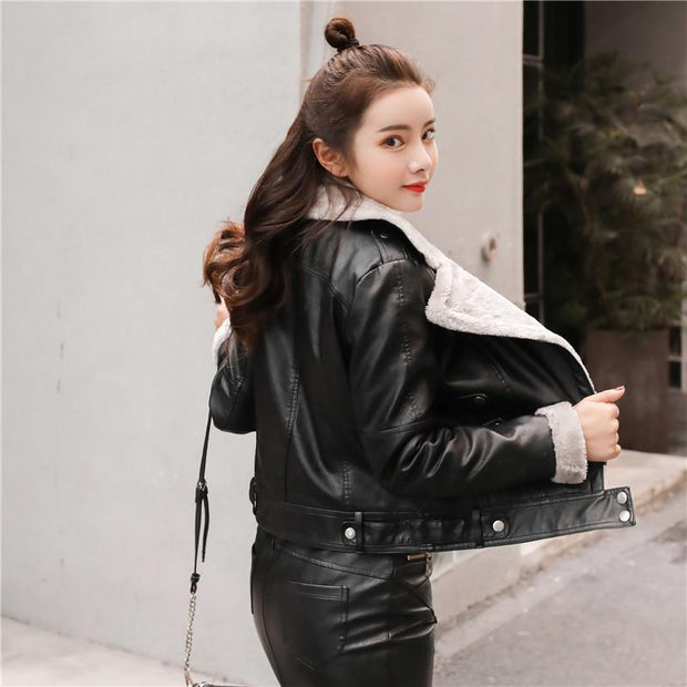 Faux Leather Biker Jacket with Faux Fur Lining