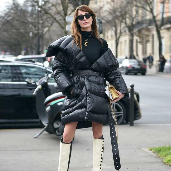 Oversized Belted Puffer Coat with Big Collar