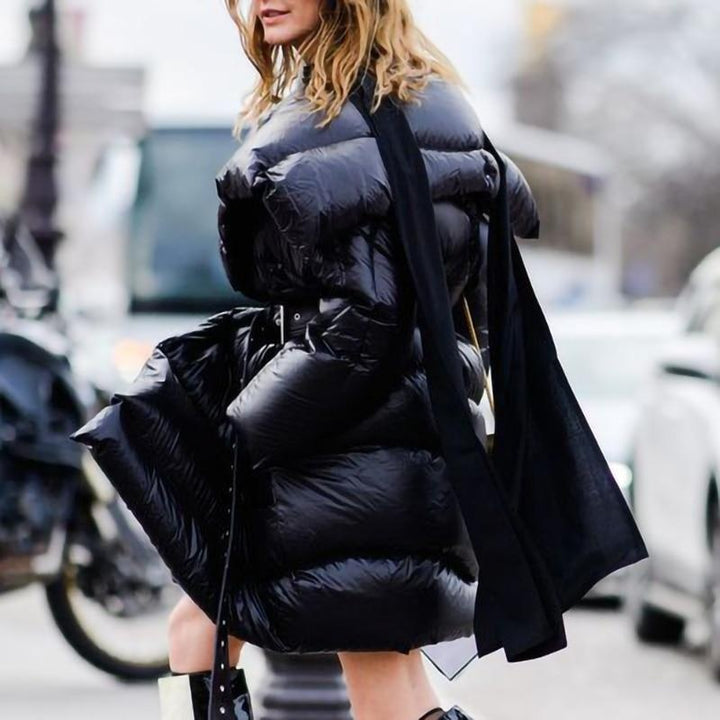 Oversized Belted Puffer Coat with Big Collar