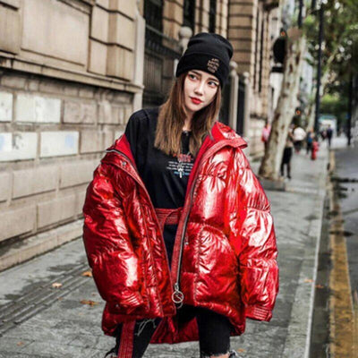 High-Shine Oversized Puffer Jacket with Belt and Hood