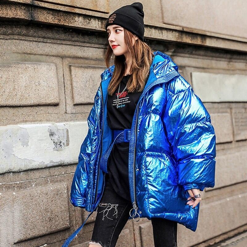 High-Shine Oversized Puffer Jacket with Belt and Hood