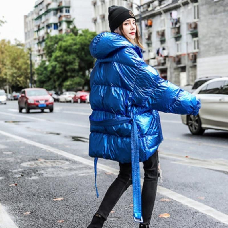 High-Shine Oversized Puffer Jacket with Belt and Hood