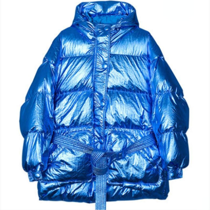 High-Shine Oversized Puffer Jacket with Belt and Hood